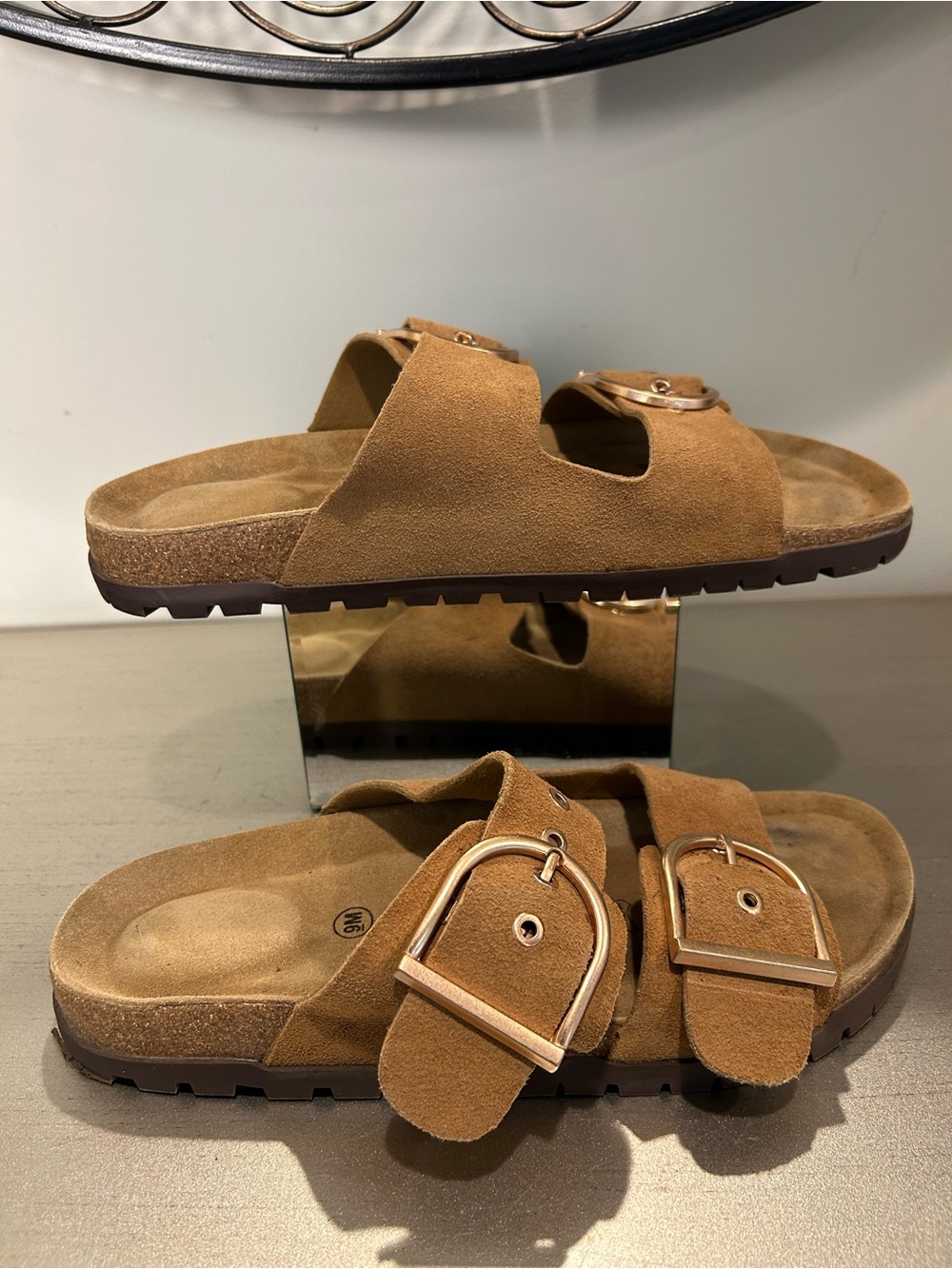 Women’s Suede Double-Buckle Slide Sandals in Brown